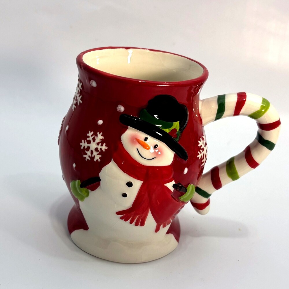 Christmas Ceramic Mug Snowman Candy Cane Handle Red Snowflake Pattern